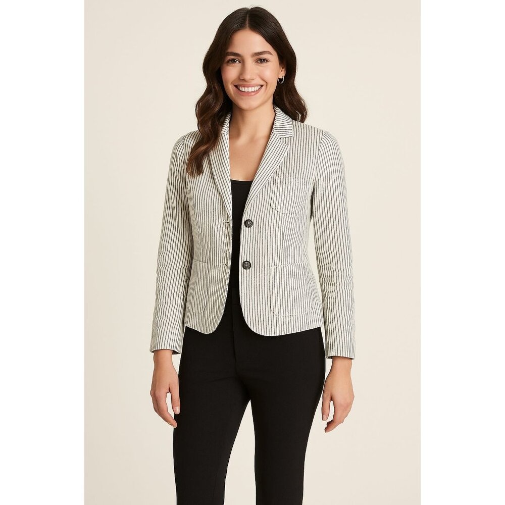 Anthropologie Cartonnier Blazer Womens Size 2 Linen Pinstripe Navy Preppy Office